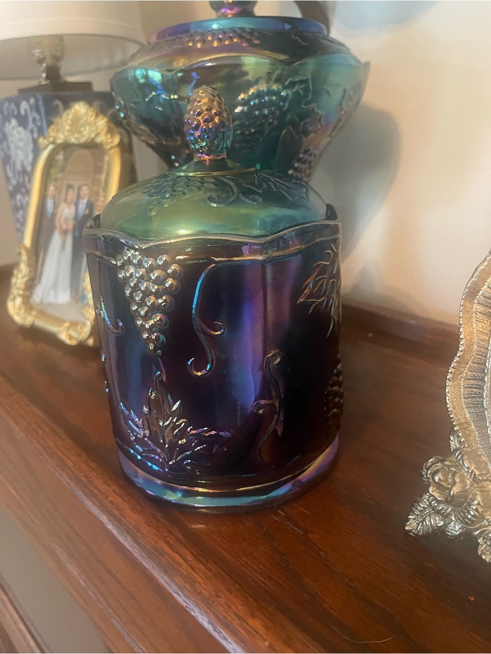 VTG Indiana Blue Carnival Glass Iridescent Harvest Grape Canister Biscuit Jar - Picture 7 of 10